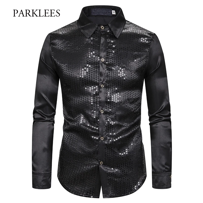 Черная рубашка с пайетками Для мужчин 2019 Новый Slim Fit с длинным рукавом шелковое атласное платье рубашки мужской танцполов ночных диско