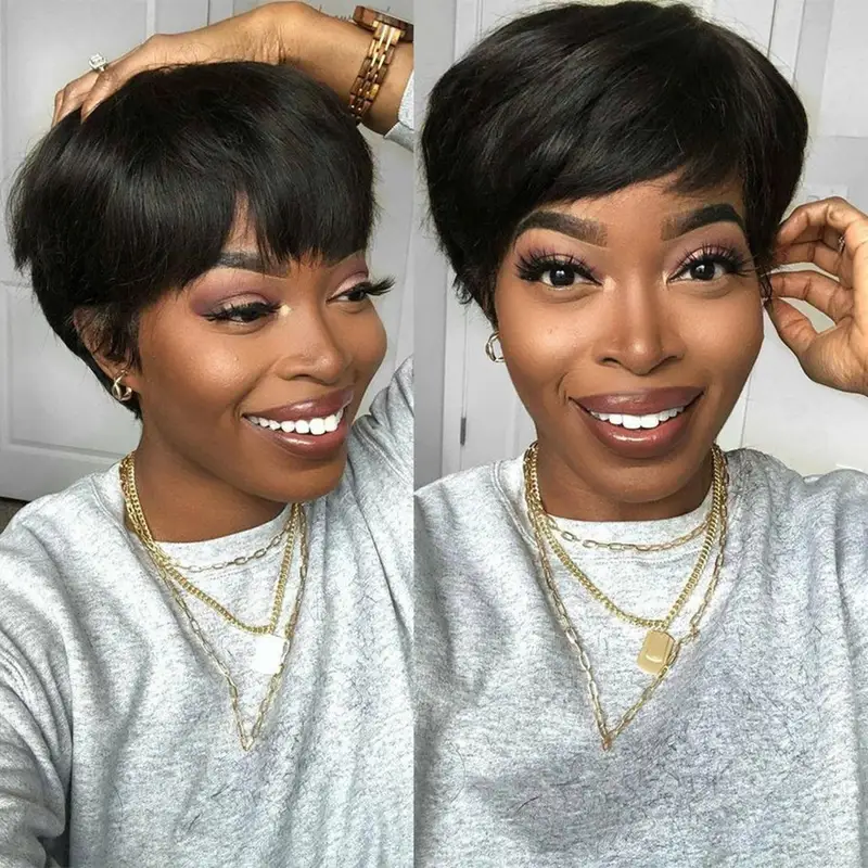 Short Human Hair Wigs Pixie Cut Straight perruque bresillienne for Black Women Machine Made Wigs With Bangs Cheap No Lace Wig - Image 2