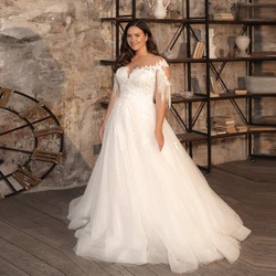 Deep V-Neck Off-The-Shoulder A-Line Wedding Dresses Applique Plus Size Puffy Tulle Court Train свадебное платье Button Back 2022