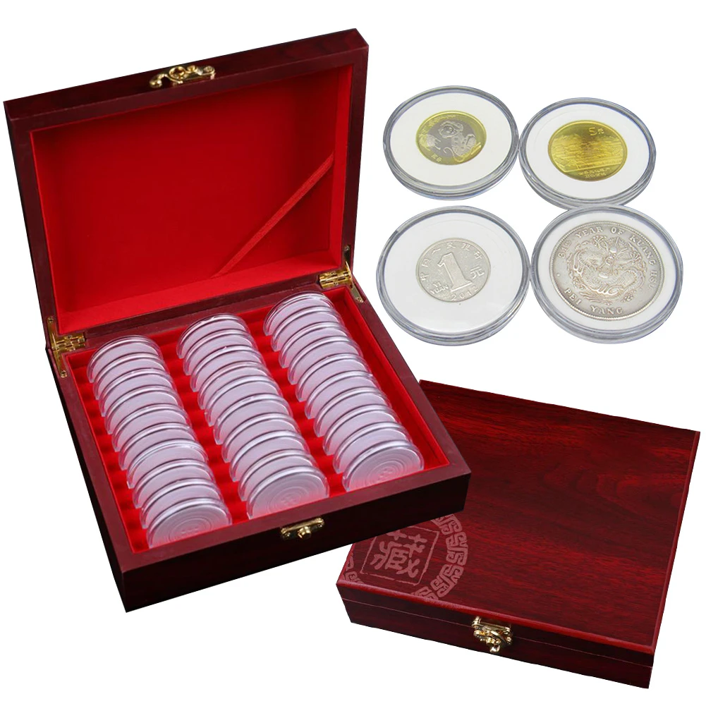 ChichuangK 30 Pieces Adjustable Coin Collection Wooden Box Coin Protection Organizer Box 20// 25// 30// 35// 40mm Universal Boxes Coin Holder Capsules Container Coins Display Storage Case