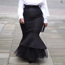 Ladies Black Mermaid Winter Long Women Skirt with Mesh Ruffles Trumpet Party XL-5XL Plus Size Maxi Skirts High Waist Autumn