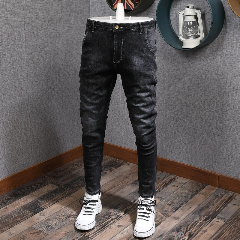 

Korean Style Fashion Men Jeans Black Color Elastic Slim Fit Vintage Designer Jeans Men Printed Spliced Denim Pencil Pants Hombre