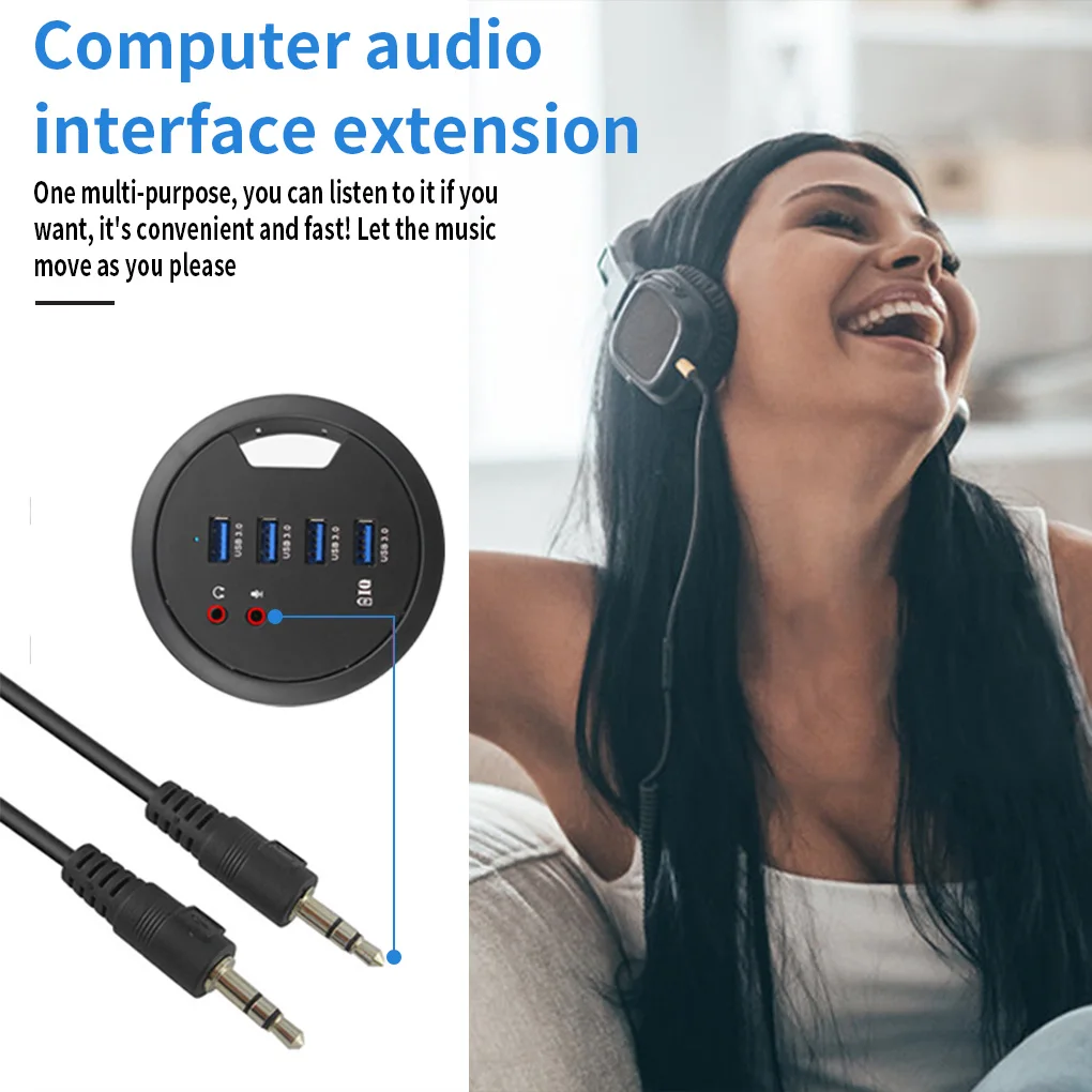 Table Grommet USB Hub Office Desktop Cable Hole Mounted USB Extender Adapter with Headphone Microphone Port EU Plug