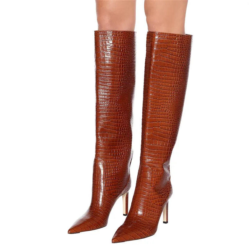 Новые Брендовые женские сапоги; модные сапоги до колена на высоком каблуке; осенние сапоги из искусственной кожи с острым носком; зимние женские сапоги - Цвет: Коричневый