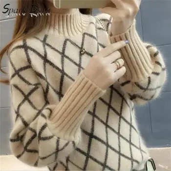

SparkDora hot 2019 new arrival women's spring autumn Diamond lattice turtleneck knitted sweaters women casual pullovers sweater