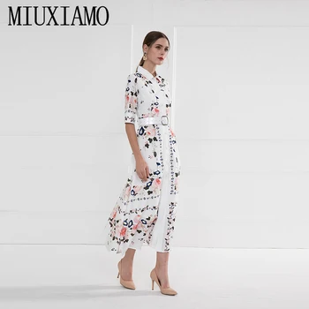 

Custom Dress S-7XL 2020 Sping&Fall Flower Print Turn-Down Collar Half Sleeve Mid-Calf Pleat Plus Size Long Dress Women With Belt