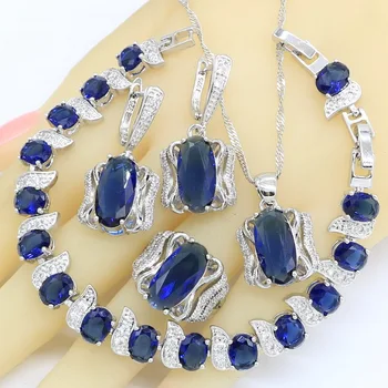 

Blue Semi-precious 925 Silver Jewelry Sets for Women Wedding Bracelet Earrings Rings Necklace Pendant Gift Box