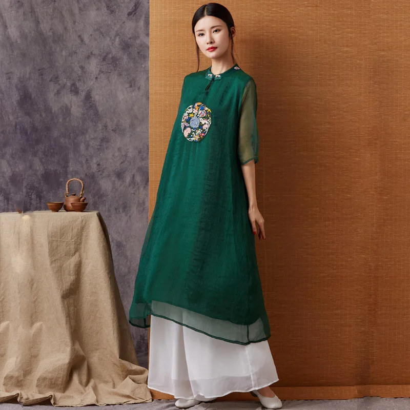 

Retro National Wind WOMEN'S Dress Loose-Fit Mid-length Dress 2019 Spring And Summer New Style Embroidery Chiffon Skirt Fairy