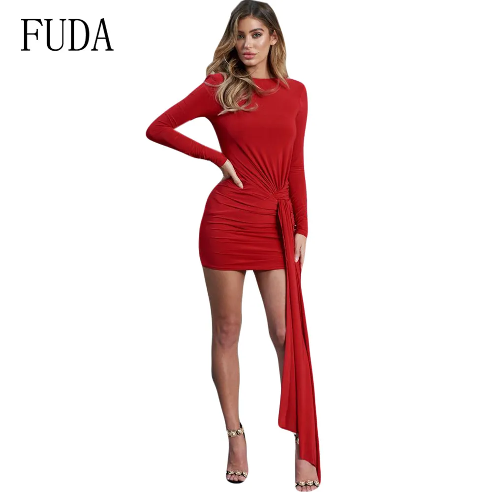 

FUDA New Women's Back Hollow Out Elegant Slim Pleated Dress Long Sleeve Lace Up Bodycon Bandage Femme Red Night Party Mujer