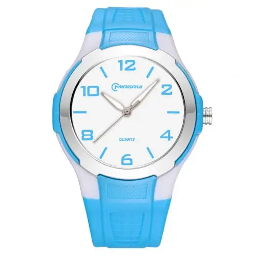 Водонепроницаемые часы для мальчиков и девочек с круглым циферблатом, пластиковый кожаный ремешок, аналоговые кварцевые наручные часы, новинка для мальчиков и девочек, мужские и женские электронные наручные часы Wat - Цвет: Небесно-голубой
