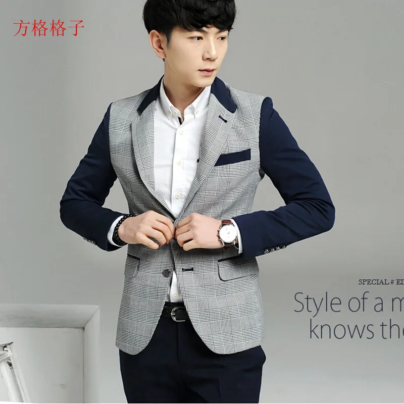 Стиль Костюмы для маленьких Клетчатый костюм корейско-Стиль Slim Fit освежающий костюм Для Мужчин's