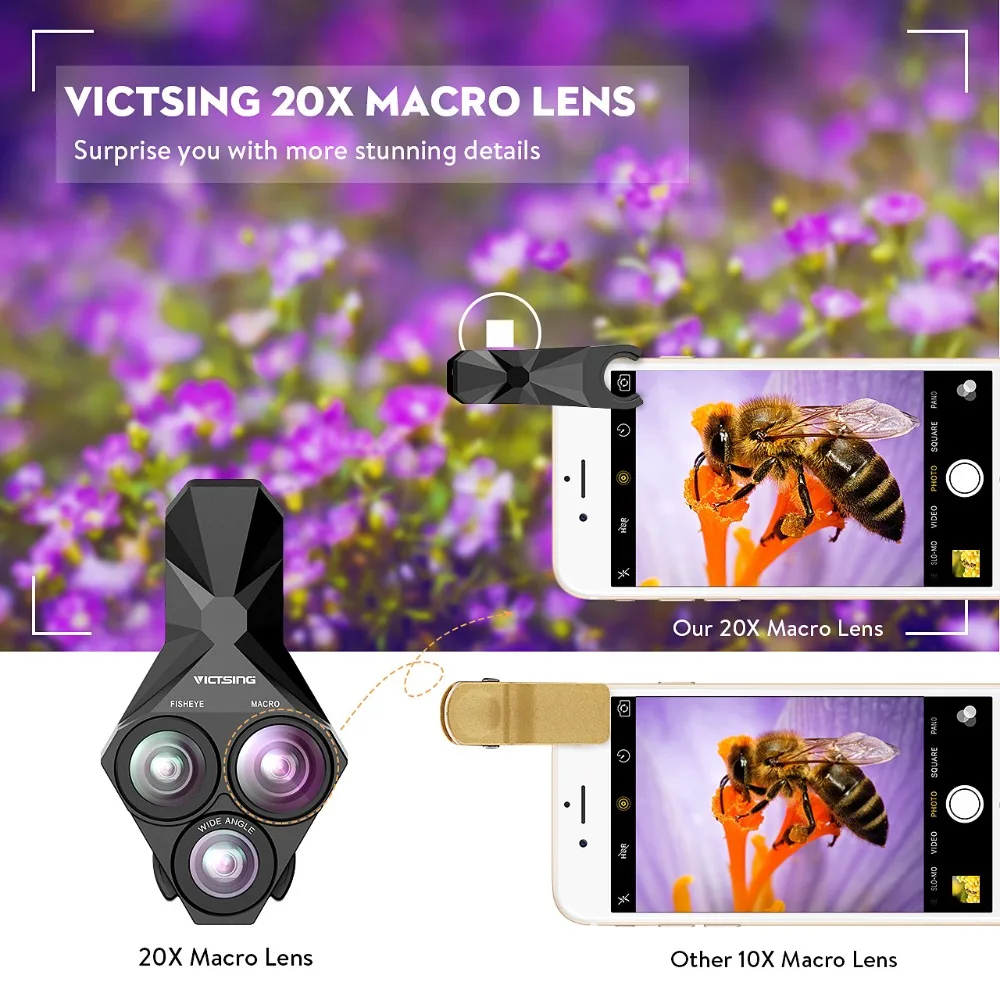 VicTsing 3 in 1 Clip-On Fisheye Lens+0.65x Wide Angle Lens+20x Super Macro Lens HD Professional Universal Durable Phone Lens Kit (3)