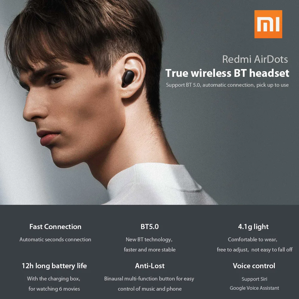 Xiaomi Headset Redmi AirDots Wireless Earphones Xiao Mi Wireless Earbud Mini Dual Bluetooth V5.0 3D Sound Earbuds with Dual Mic