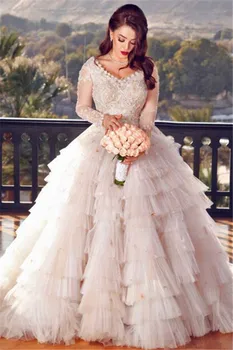 

Vestido de Noiva 2020 Luxury Tiered Ball Gown Wedding Dresses V-Neck Long Sleeveless Lace Appliques Bridal Gowns