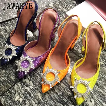

Brand Women Sandals Glitter Crystal Shoes summer High Heel Sandals Female pointed toe Slingbacks Shoes Woman Wedding party Shoes