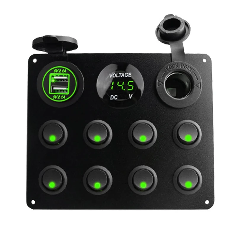 

8 Gang Rocker Switch Panel LED Toggle Circuit Breakers Dual USB Charger Socket LED Voltmeter for Marine Boat Car Trunk