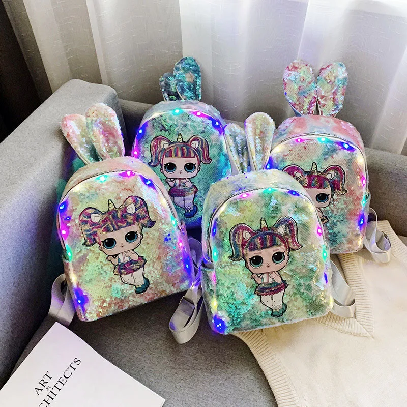 

Lol Surprise Dolls Rabbit Ears LED Lights Sequins School Backpacks for Teenage Girls Cartoon Cute Surprise Doll Sequin Bag