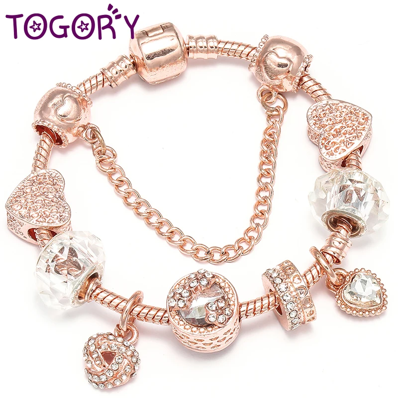 TOGORY, новинка, розовое золото, очаровательный браслет с сердечком, бусины, прекрасные браслеты для женщин, Подарок на годовщину, Прямая поставка