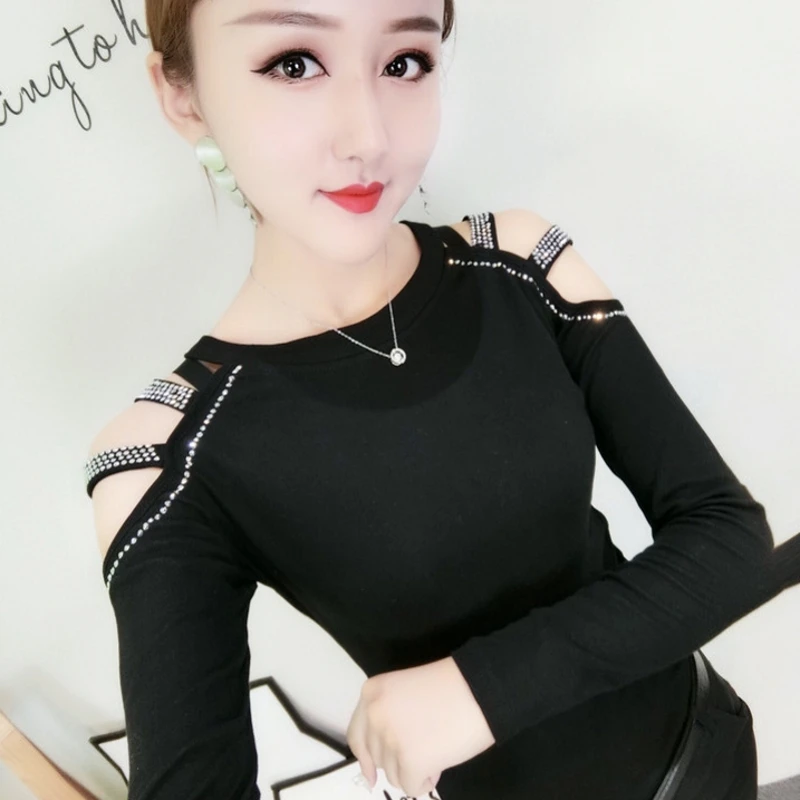 Black tshirt Модная Корейская Сексуальная футболка в алмазах с открытыми плечами, новинка, Осень-зима, женская уличная одежда, топ, рубашка, Camiseta Mujer T98514 - Цвет: Black tshirt
