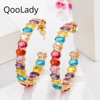 

QooLady Fashion Multicolored Full Oval Shape CZ Crystal Large Circle Round Loop Earrings for Women Ladies Party Ear Jewelry E092