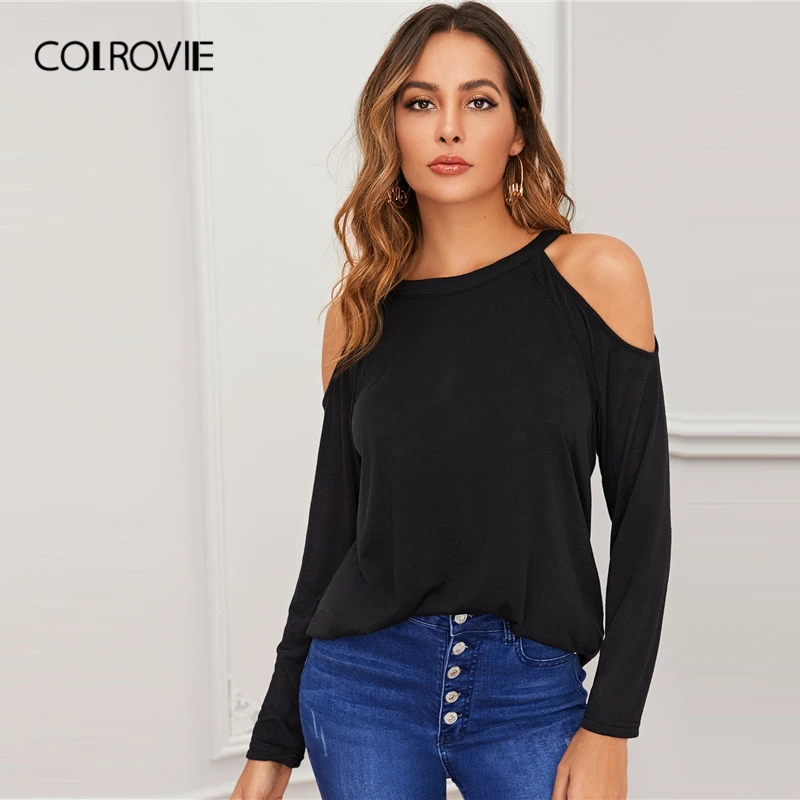 COLROVIE одноцветная футболка с открытыми плечами, женские облегающие ...