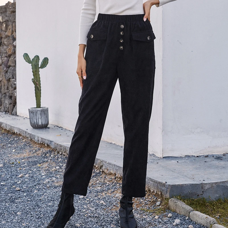 

Black Corduroy Pants Women Korean Style Elastic High Waist Trousers Spring New Loose Button Pockets Casual Harem Pants Female