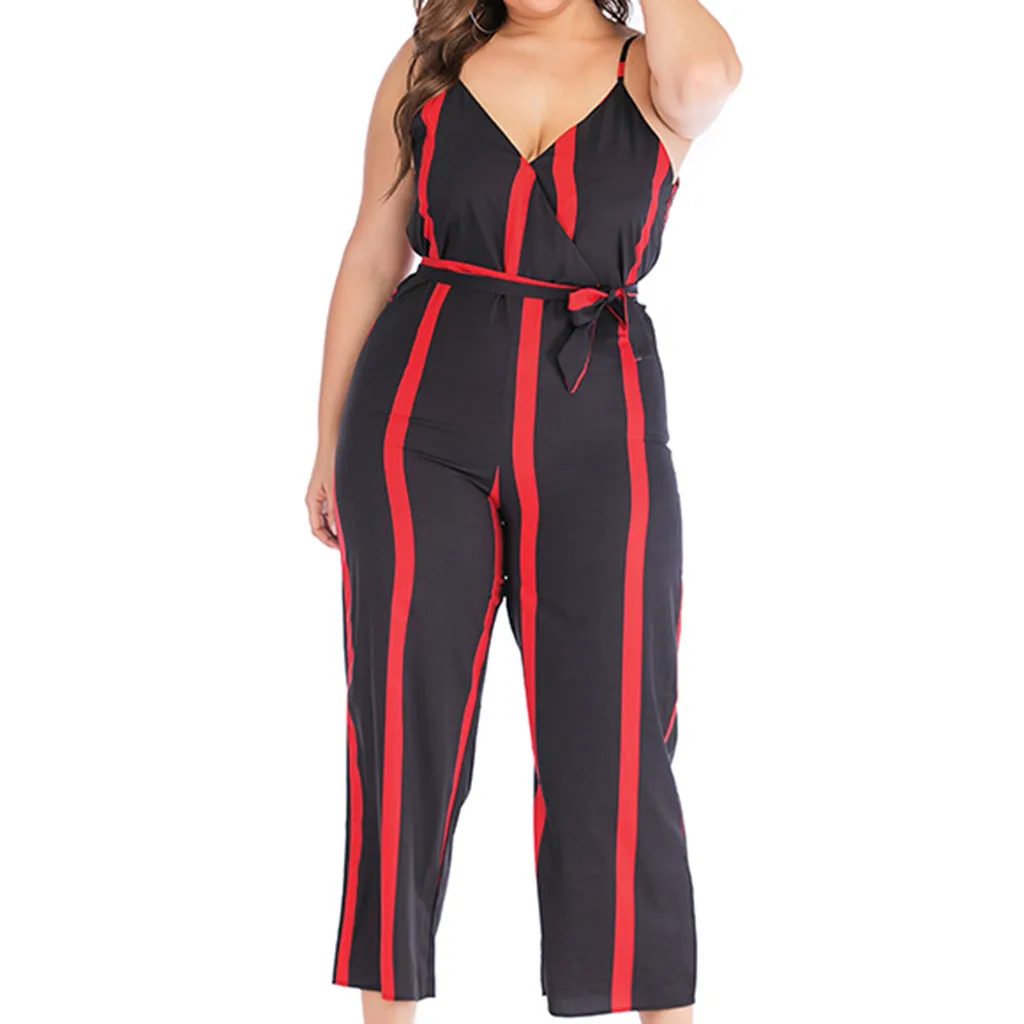 jumpsuits for women Plus Size Striped Print Sleeveless V-Neck Casual Rompers Jumpsuit barboteuses femmes combinaison#XB15