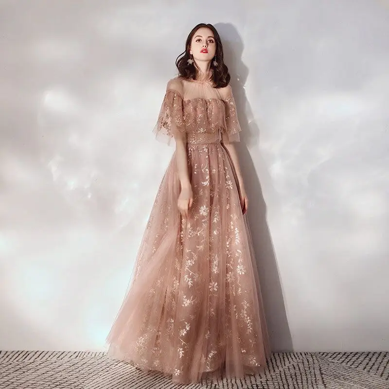 

2020 High Neck Lace Evening Dress Dust Pink Short Sleeves A-line Long Illusion Party Gown Evening Gowns Prom Dresses Vestidos