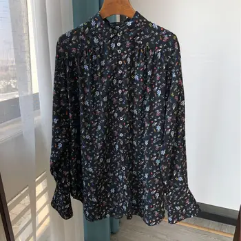 

100% Viscose Spring Autumn Women's Shirt Turndown Collar Shirt Flower Print Long Sleeve Blouses And Tops With Buttons