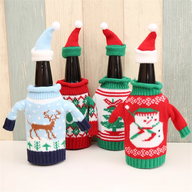 Knitted Christmas Bottle Set Sweater Red Wine Cover Christmas Beer Bottle Decoration Xmas Home Decor Festival Atmosphere Xmas