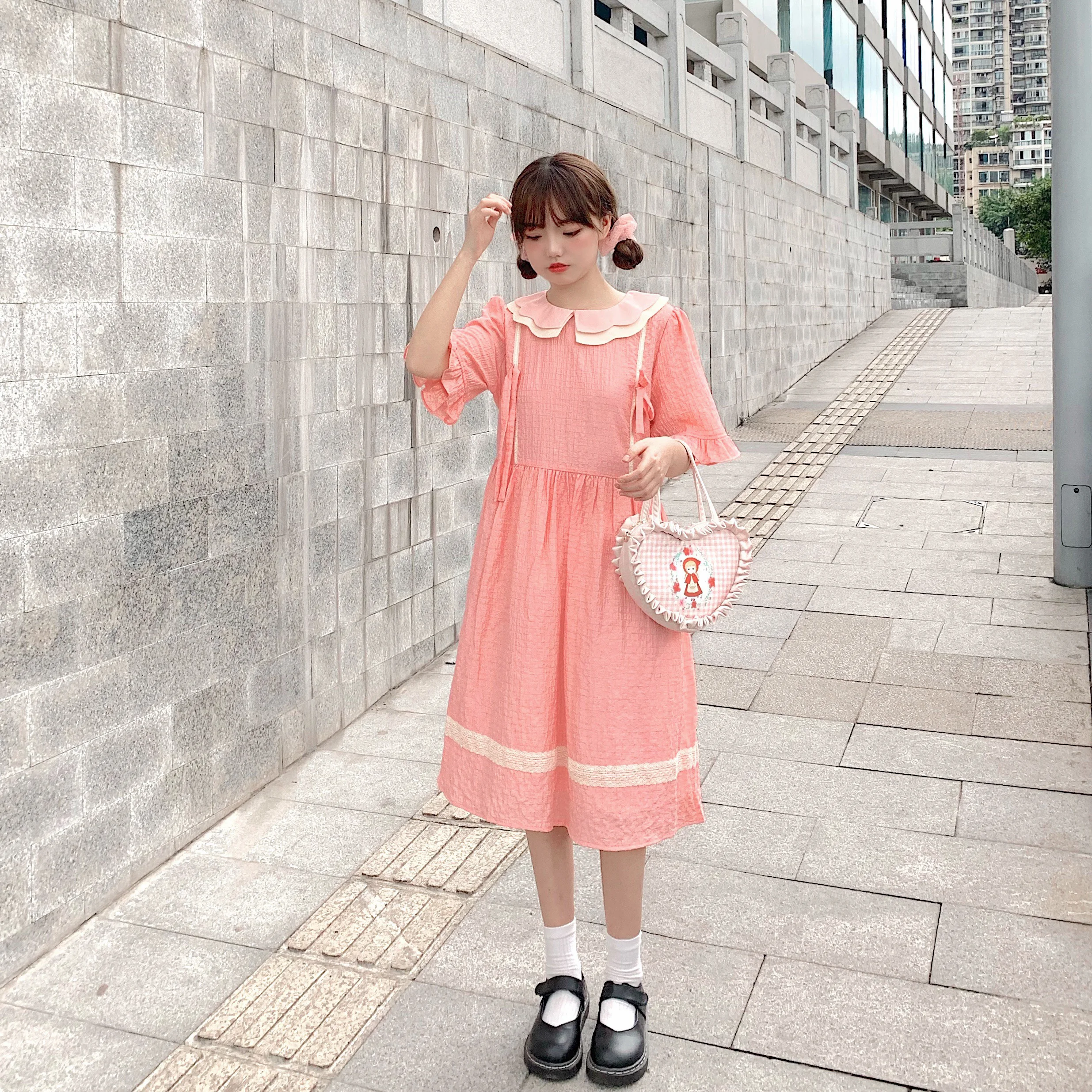 Japanese Summer College Style Soft Girly Dress Sweet Double Layer Peter Pan Collar Bow Cute Puff Sleeve Pink First Love Dresses