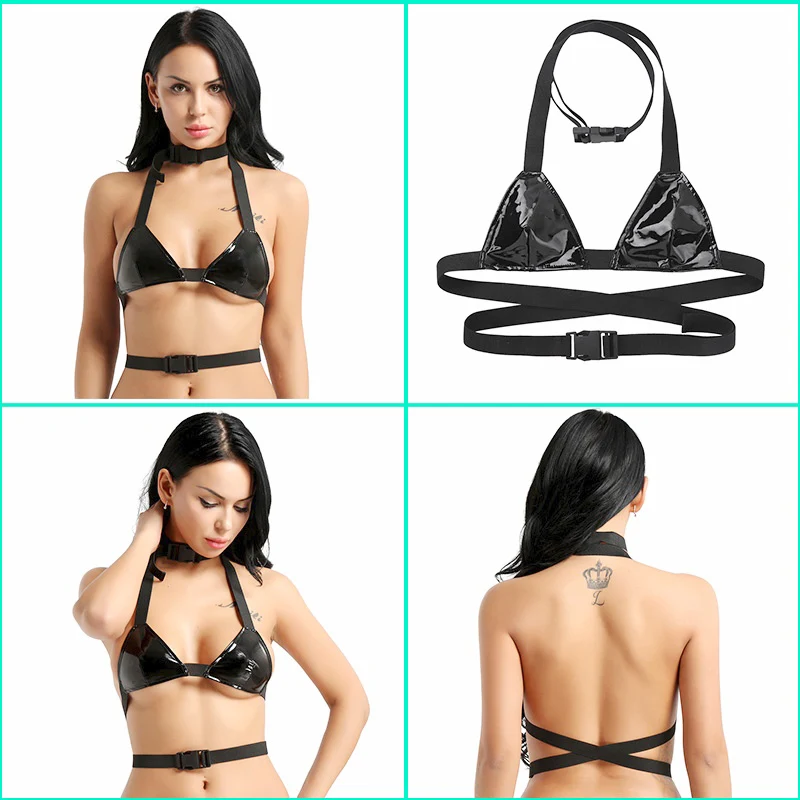 Женское нижнее белье, бюстгальтер, топ, модный, Wetlook, из искусственной кожи, треугольник, бюстье Холтер, на шее, ремень, скрученный с сумкой, пряжка, веревка, Популярный бюстгальтер