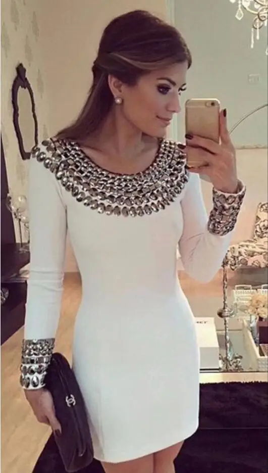 Белый цвет дамы HL бинты из вискозы платье с длинным рукавом Кристалл Bodycon мини платье элегантное вечернее платье