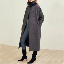 Женский Тренч, осень/зима, классическое шерстяное пальто, нордический стиль, двубортный, серый цвет, шерсть и смесь, длинное женское пальто