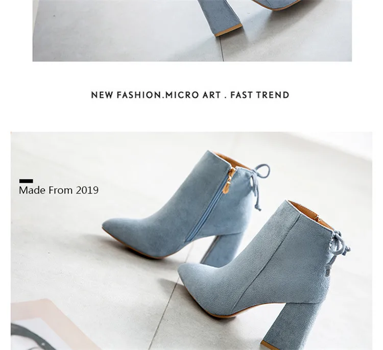 Hot Sale Women Boots Autumn Winter Flock Ankle Boots Female Square High Heels Shoes Woman Zipper Botas Zapatos Mujer