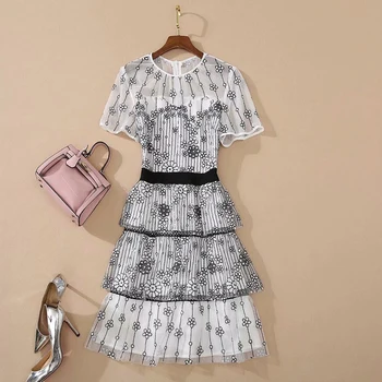 

HIGH QUALITY New 2020 Fashion Designer Runway Dress Women's O-Neck short Sleeve Ruffles Sequined Embroidery Gauze Dress