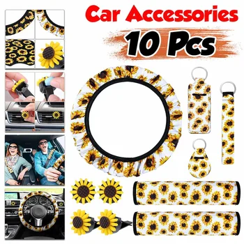 

Cute Daisy Flower Car Interior Decoration Steering Wheel Cover Set For Girls Men Women Universal Car Accessories
