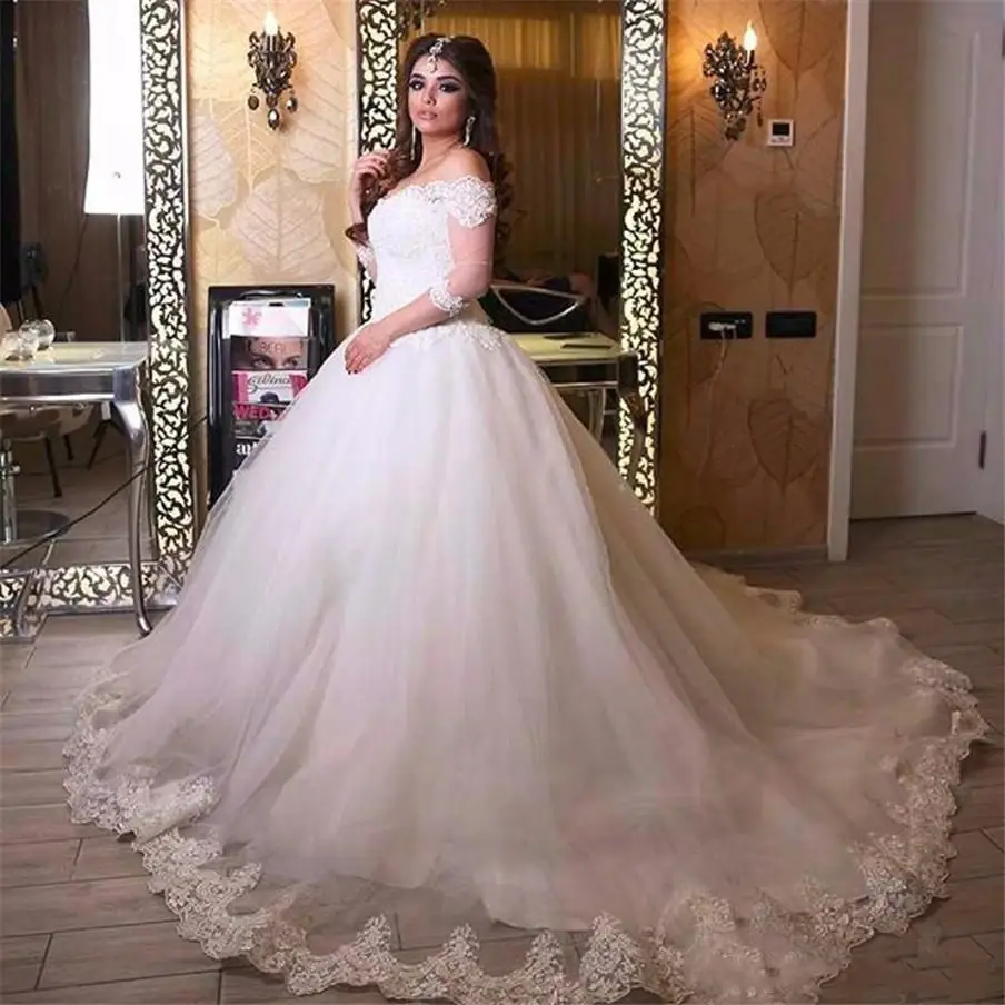 Off the Shoulder Saudi Arabia Winter Wedding Dresses Dubai Arabic Applique Lace Plus Size Bridal Gown vestido de casamento re | Свадьбы и