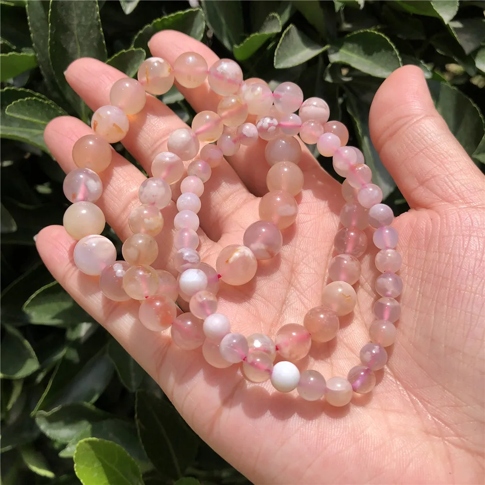 Fengbaowu 천연 벚꽃 스톤 팔찌 꽃 사쿠라 마노 라운드 비즈 크리스탈 힐링 여성 쥬얼리 선물, 1 PC