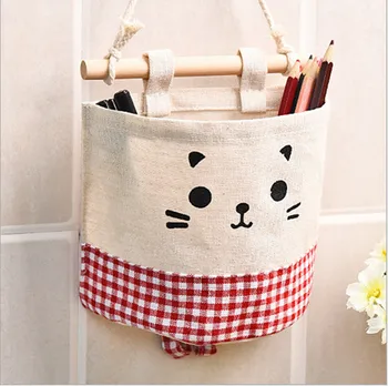

Home Kitchen Door Wall Hanging Organizer Pocket Bag Sundries Storage Holder Colorful Cartoon Cat Decor Cotton And Linen Bag