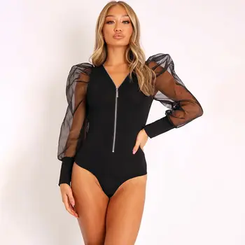 

Front zipper mesh pufff long sleeve women sexy bodysuit 2020 spring summer black solid skniny streetwear body rompers