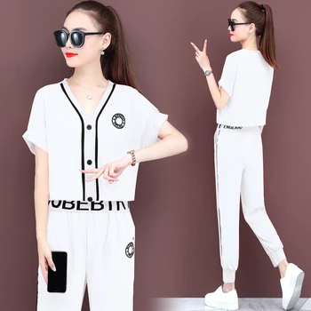

Summer Two Peice Set for Women New Sports Fashion Short Sleeve V-neck Womens 2 Piece Outfit Set Red Blakc White Plus Size