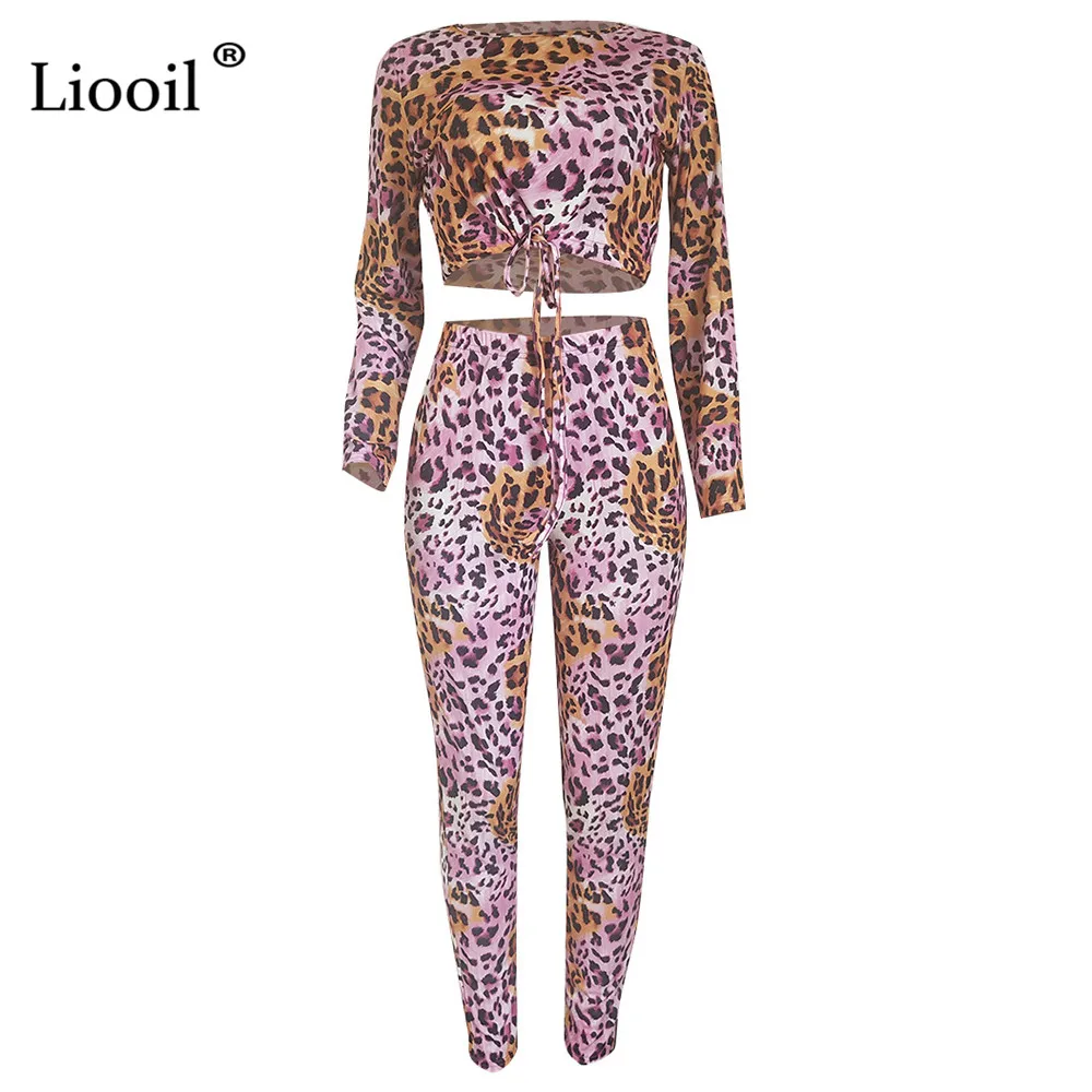 Liooil комплект одежды из двух предметов Леопардовый принт, сексуальный женский комбинезон на осень и зиму с длинными рукавами и круглым вырезом, вечерние комбинезоны для клуба, комбинезон