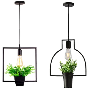 

2x Black Square Green & Flower Basket Plant Hanging Lamp Retro Industrial Wind Creative Personality Chandelier Clothing