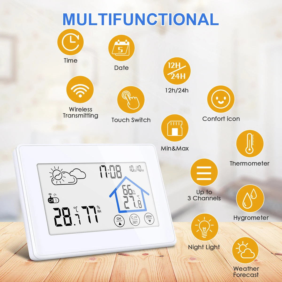 DIGOO DG-TH8380 Touch Screen Weather Station Daily Clock Alarm Thermometer Hygrometer Outdoor Indoor Humidity Temperature Sensor