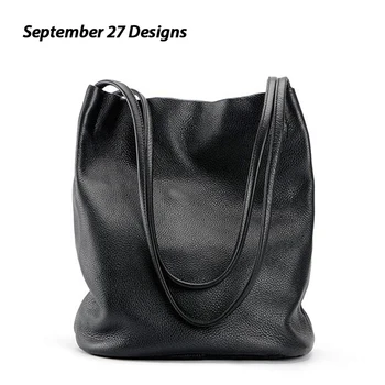 

Genuine Leather Full-grain Leather Tote Bag Women's Large Bag Handbag Shoulder Bag Retro Pure Black Embossed Leather Shopping