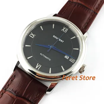 

40mm GOUTENT Black dial date Automatic Mens Watch Sapphire crystal Luminous Leather strap clock miyota Movement