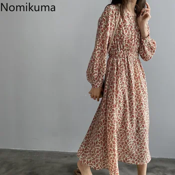 

Nomikuma 2020 Spring Retro Floral Women Dress Long Sleeve V-neck Midi Dresses Korean Stretch Slim Waist Vestidos Feminimos 3Z327