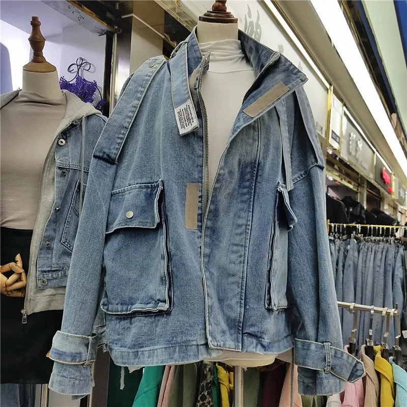 Джинсовая куртка женская весна и осень новая Корейская свободная Harajuku стиль стоячий воротник Модная Повседневная джинсовая куртка Топ