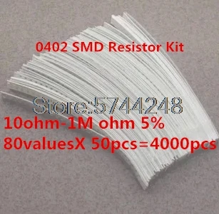 

4000pcs 0402 SMD Resistor Kit Assorted Kit 10ohm-1M ohm 5% 80valuesX 50pcs=4000pcs Sample Kit